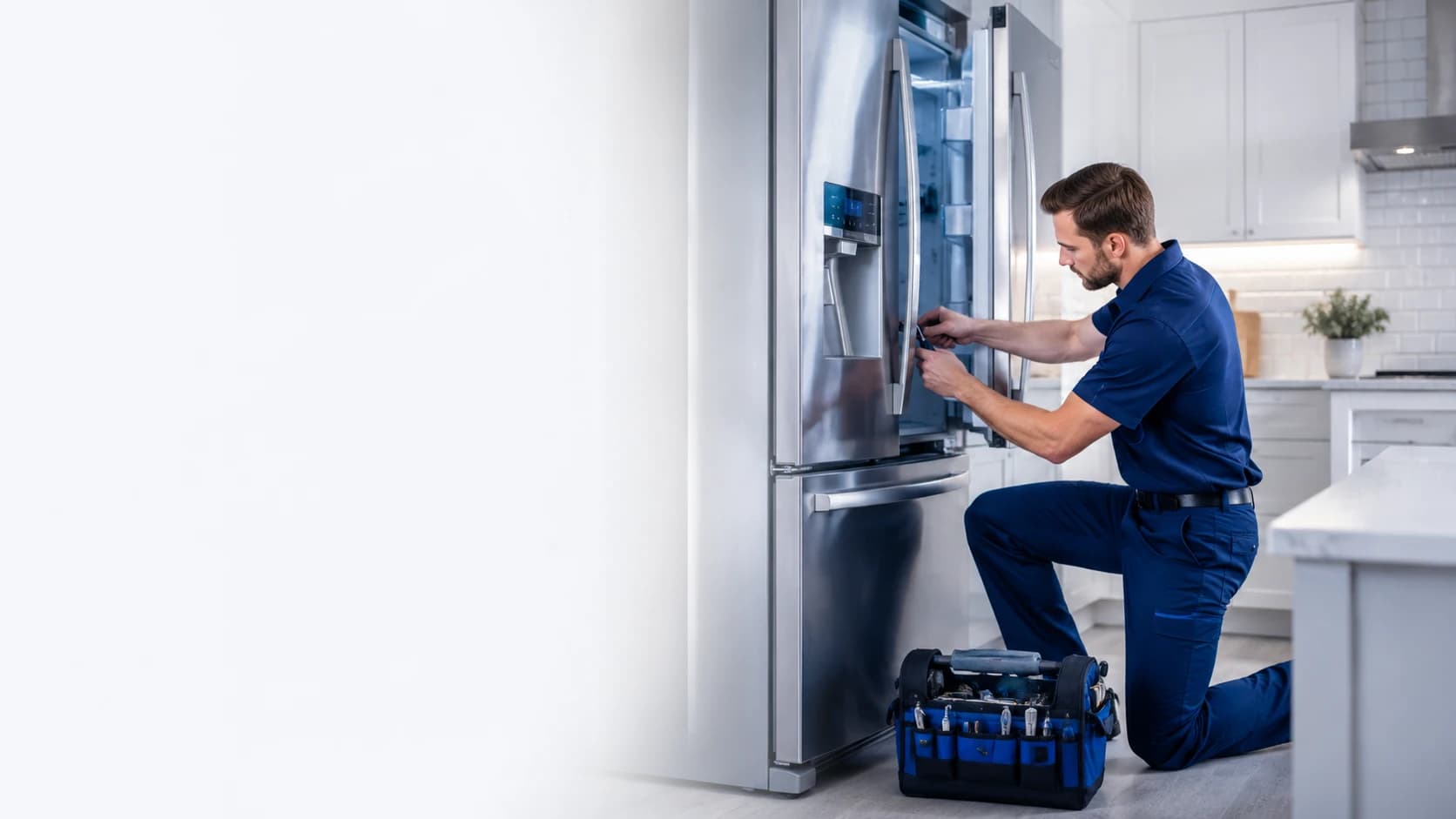 An XT Appliances technician diagnosing a refrigerator in a customer's kitchen