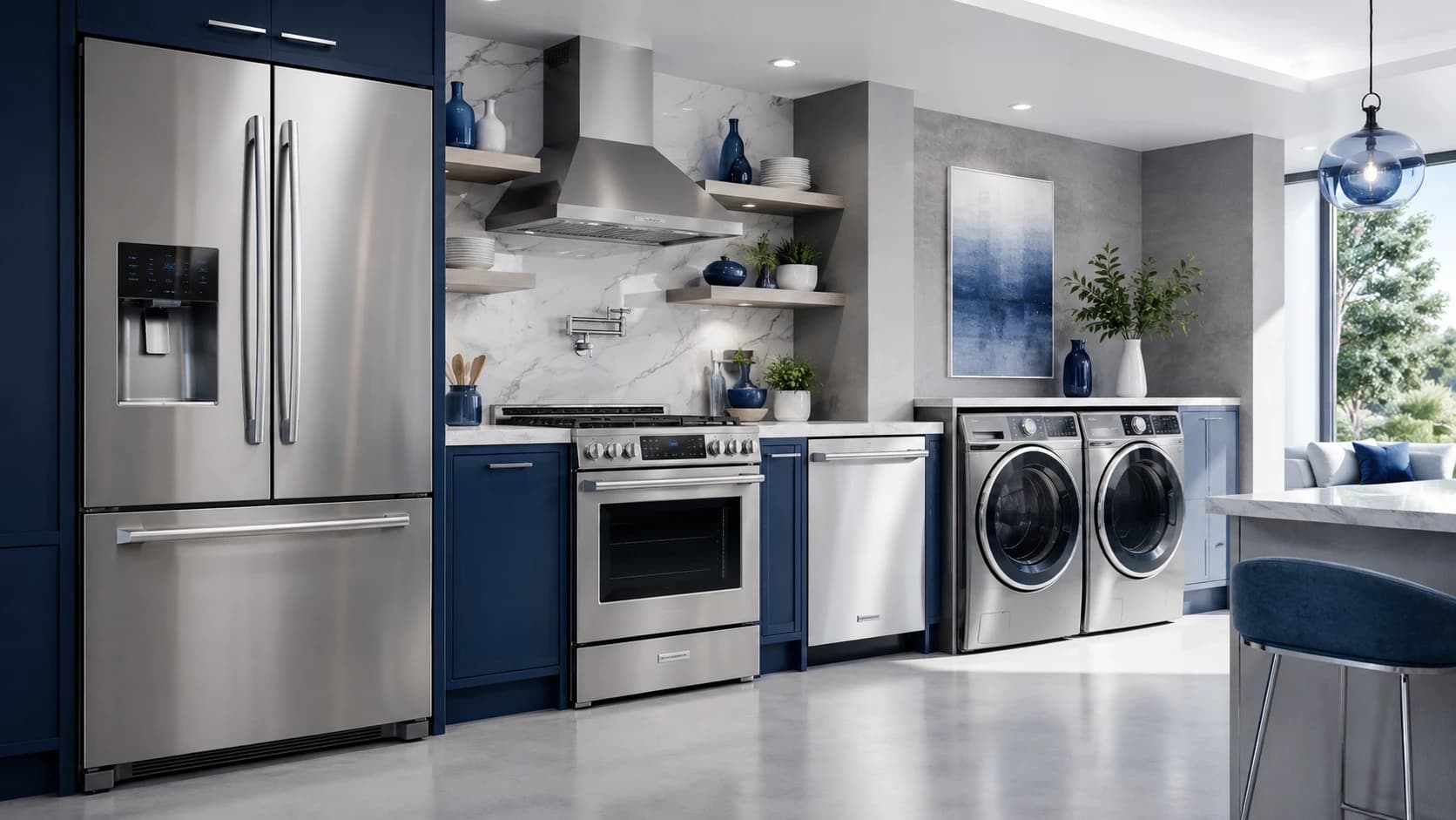 A modern kitchen with a stainless refrigerator, range, dishwasher, washer and dryer