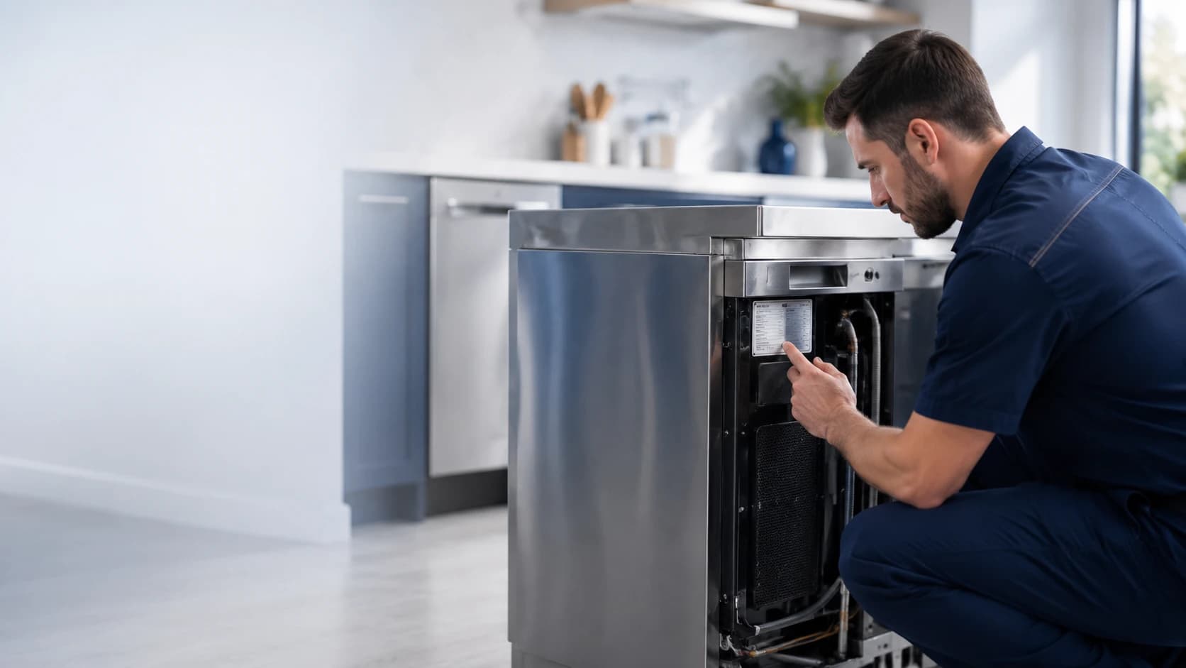 An XT Appliances technician servicing a dishwasher pulled from the cabinet