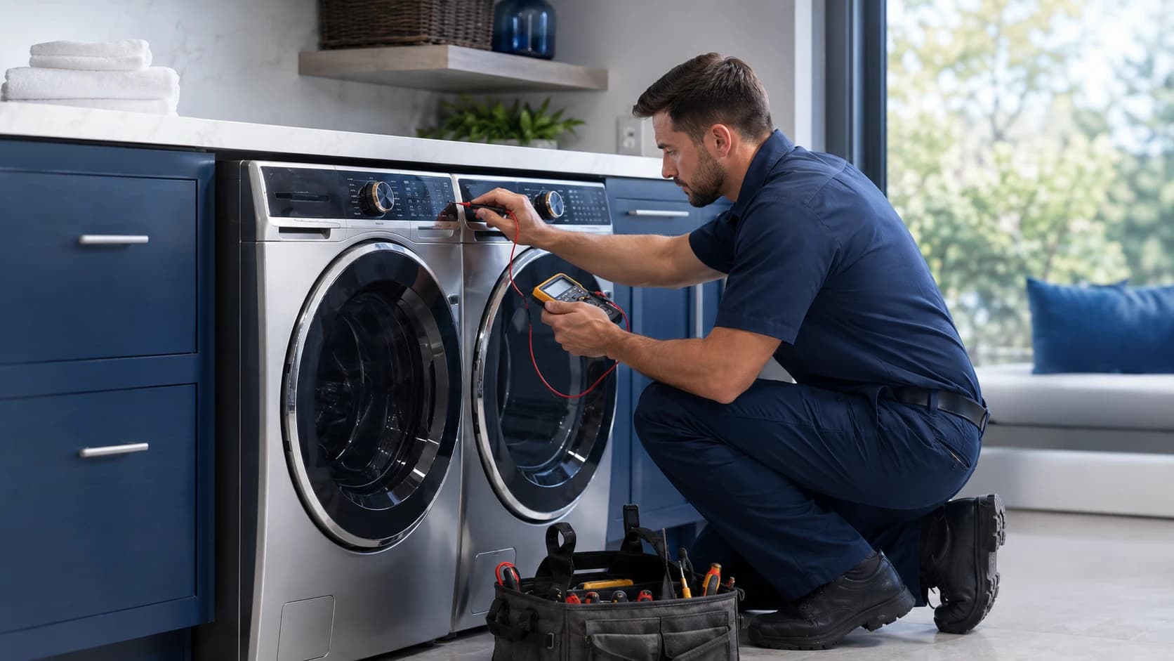 An XT Appliances technician repairing a front-load washing machine
