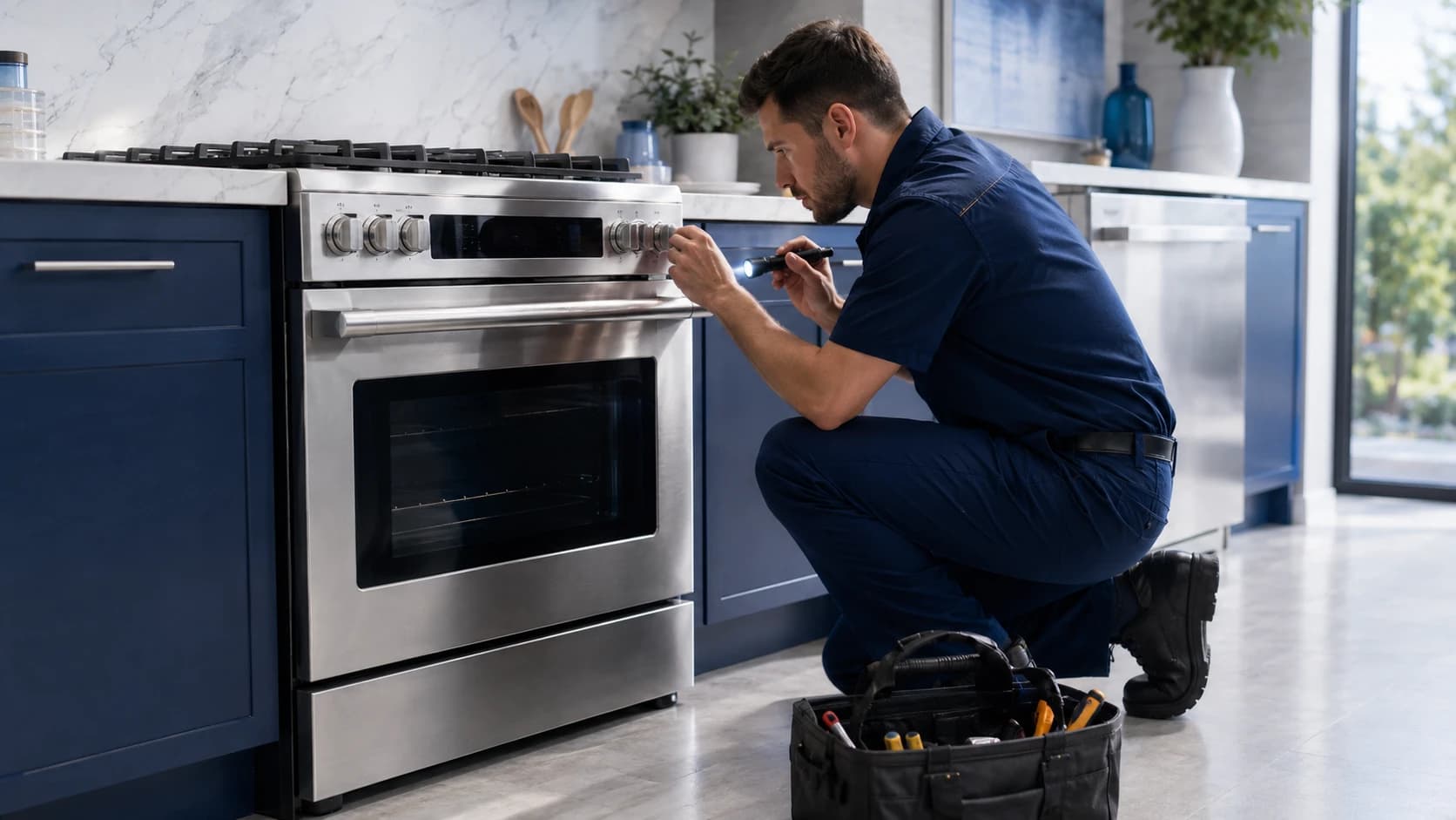 An XT Appliances technician inspecting a stainless range and oven