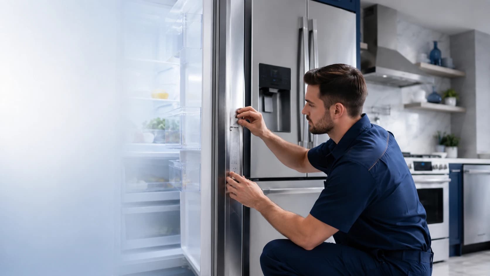 An XT Appliances technician inspecting a stainless refrigerator